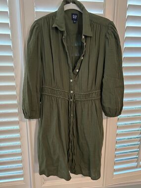 GAP Olive Green Button-Front Midi Dress with Drawstring Waist
